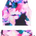Kanu Surf Girls' Daisy UPF 50 Beach Sport Halter Tankini 2-Piece Swimsuit (12, Tropical Reef Black/Pink)