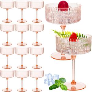 12 Pcs Ribbed Martini Glasses 10 oz Disposable Plastic Vintage Ribbed Coupe Glasses Unbreakable Dessert Parfait Glassware for Wedding Birthday Party Supplies (Champagne Powder)