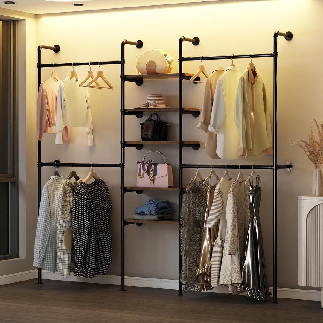 Industrial Pipe Clothing Racks with 5 Shelves, Wall Mounted Clothes Rack for Hanging Clothes, Black Wall Clothing Rack, Heavy Duty Clothes Rack for Walk in Closet, Laundry Room