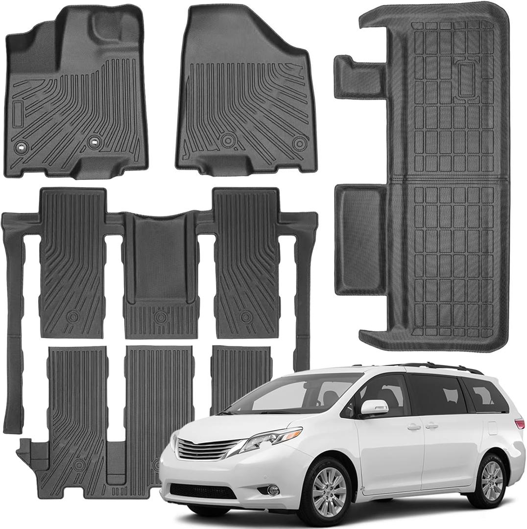 Floor Mats Compatible with Toyota Sienna 2013-2020 (7 Seats) Compatible with Movable Center Console,Cargo Liner with Backrest,All Weather Protection TPE, Anti-Slip Floor Liner Accessories