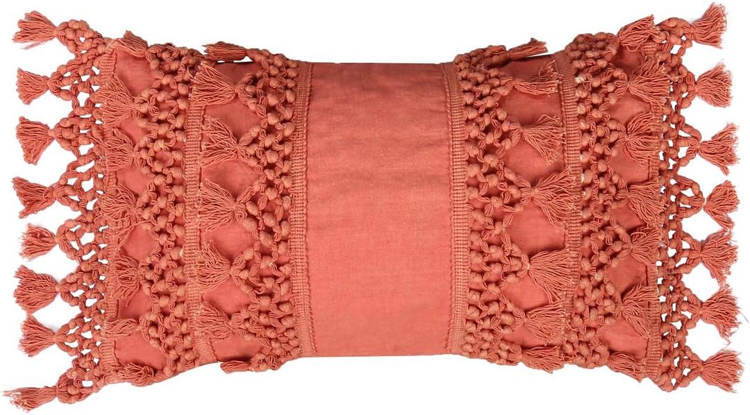 RAJRANG Coral Throw Pillow Cover with Decorative Tassels - 20x12 Inches Lumbar Boho Cushion for Living Room and Sofa Decor