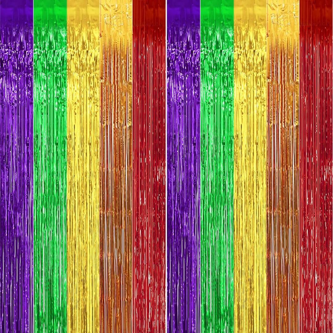 4 x 2 Pack 3.2ft x 9.8ft Rainbow Colored Pride Flag Metallic Foil Fringe Curtain, 6 Colors Multicolored Tinsel Curtains Streamers Party Photo Booth Props Backdrop for Gay Pride Month LGBTQ+ Decorations