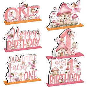 CroBlissful 6 Pcs Fairy First Birthday Decorations Wood Fairy Table Sign Decor Forest Baby Shower Centerpieces Flower Mushroom First Birthday Decoration Supplies Enchanted Party Table Topper