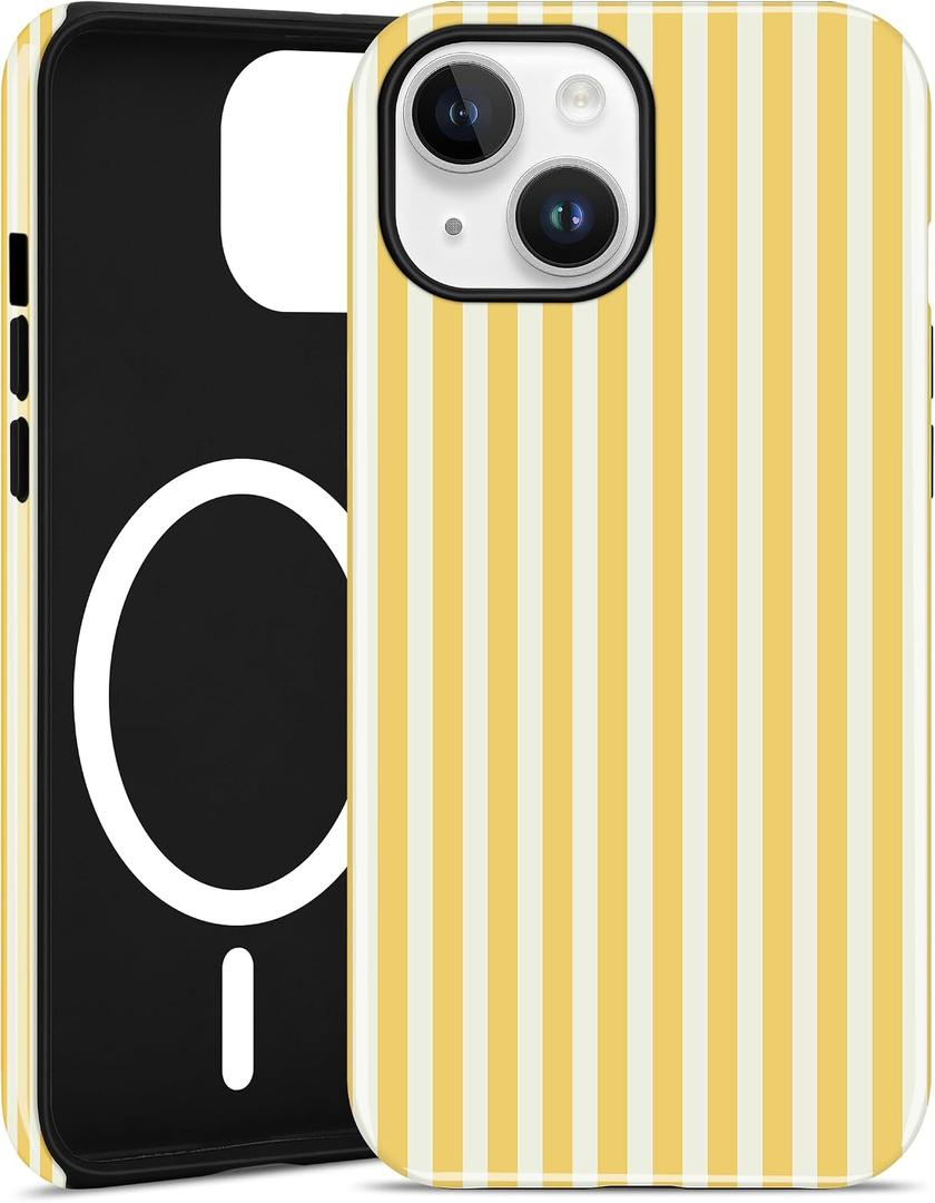Jusy Compatible with MagSafe Striped Phone Case for iPhone 11 Pro Max, Cute Aesthetic Magnetic Soft TPU and Hard PC Protective Phone Cover for Women Girls（Shiny） - Yellow