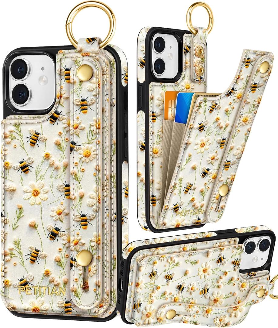 Petitian for iPhone 11 Case with Wallet - Women Girls Cute Girly Aesthetic Unique Design Leather Credit Card Holder Cardholder Stand Wristband for IPhone 11, Flower