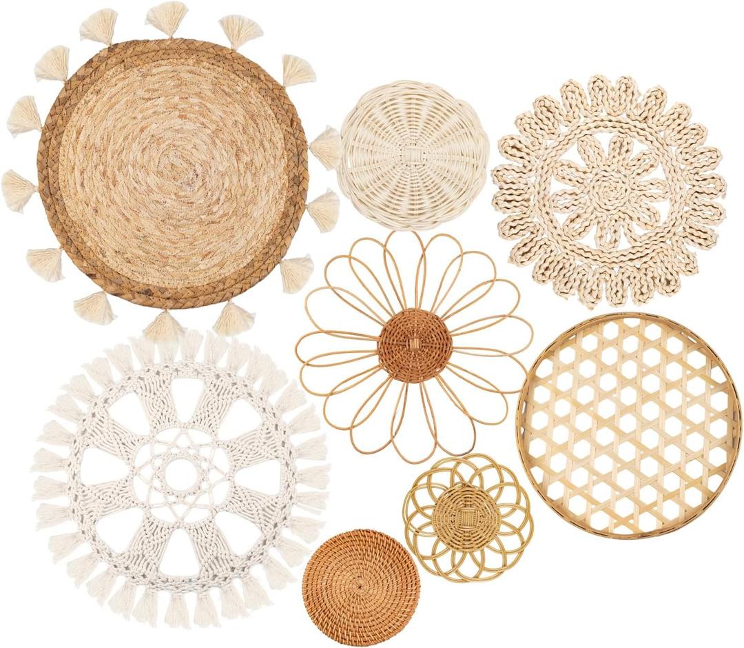 Boho Wall Basket Decor Set of 8 - Flat Woven Basket Wall Hanging Decor, Round Tassels White Macrame Tapestry Wall Decor Art, Handmade Rattan Wicker Seagrass Home Wall Baskets DecorBoho Classic