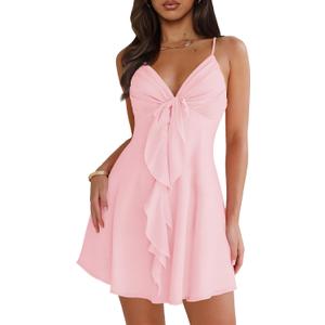 Women Sleeveless Sexy V Neck Summer Dress for Women Casual Flowy Beach Club Party Spaghetti Strap Mini Sundress (Pink)