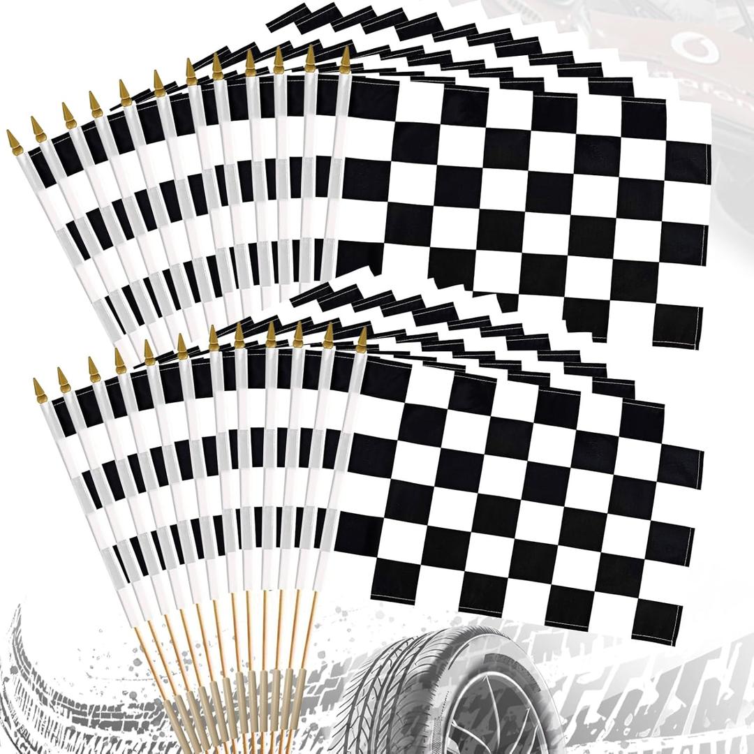 24 Pack 12x18 Inch Black and White Checkered Racing Flags on Stick Hand Held Race Car Flags Perfect for NASCAR Theme Party Car Racing Decorations (24)