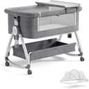 bonbay Baby Bassinet, Bedside Bassinet for Baby, 4 in 1 Portable Bassinet Bedside Sleeper with Wheels Mosquito Net & Storage Basket, 6 Height Adjustable Rocking Bassinet for Newborn Baby, Crib