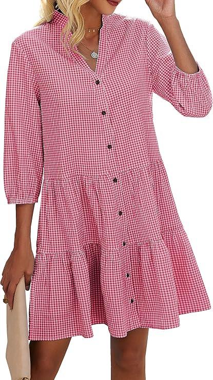 CCTOO Women's Summer Dresses Casual V Neck Button Down 3/4 Sleeve Floral Print Loose Flowy Shirt Dress, L