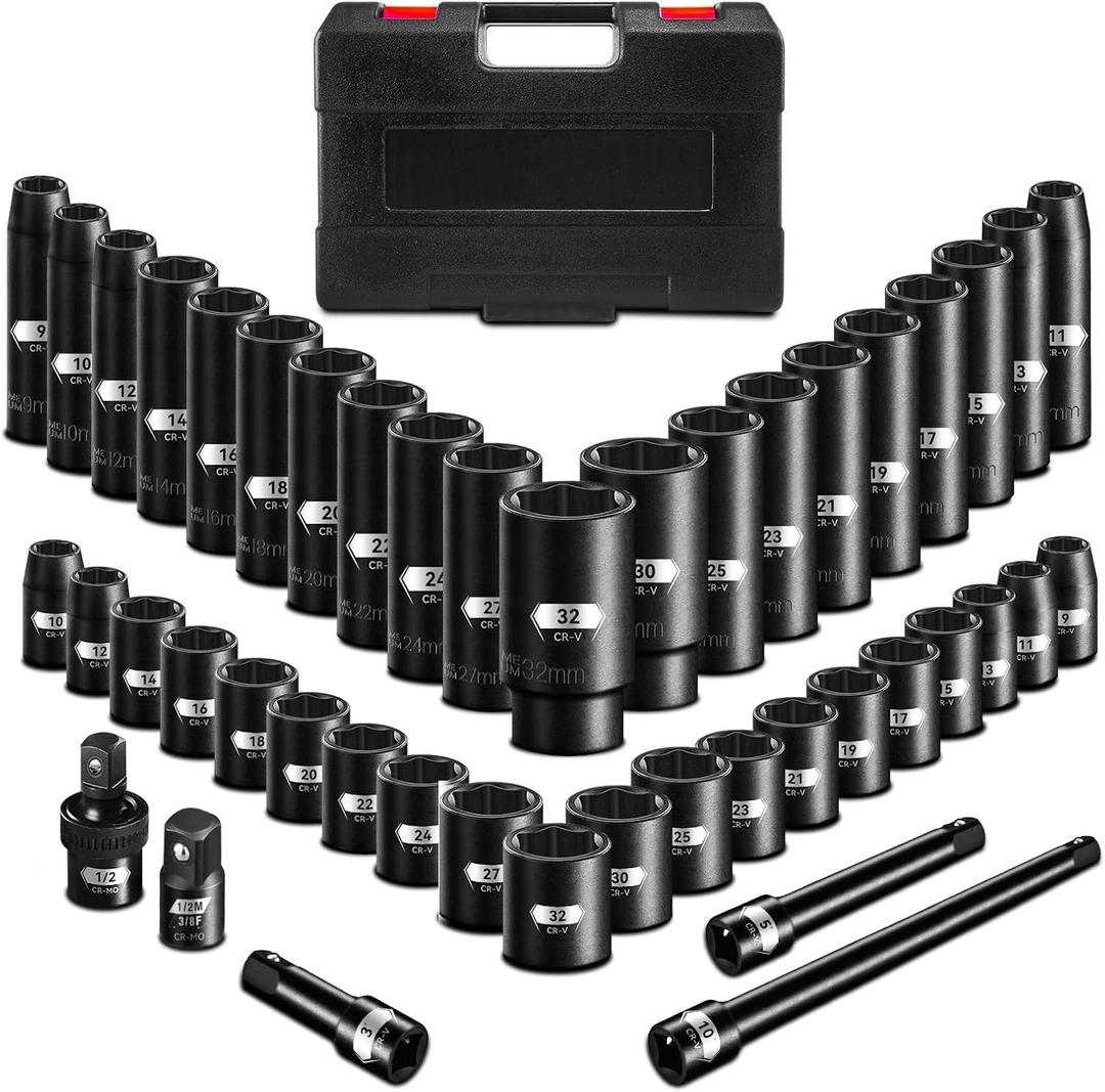 45PCS 1/2” Drive Metric Impact Socket Set, pgroup Deep & Shallow Socket Set with Extension Bars, Adapter and Universal Joint, Size 9-32mm, 6-Point Design, Chrome Vanadium Steel, Includes Storage Case
