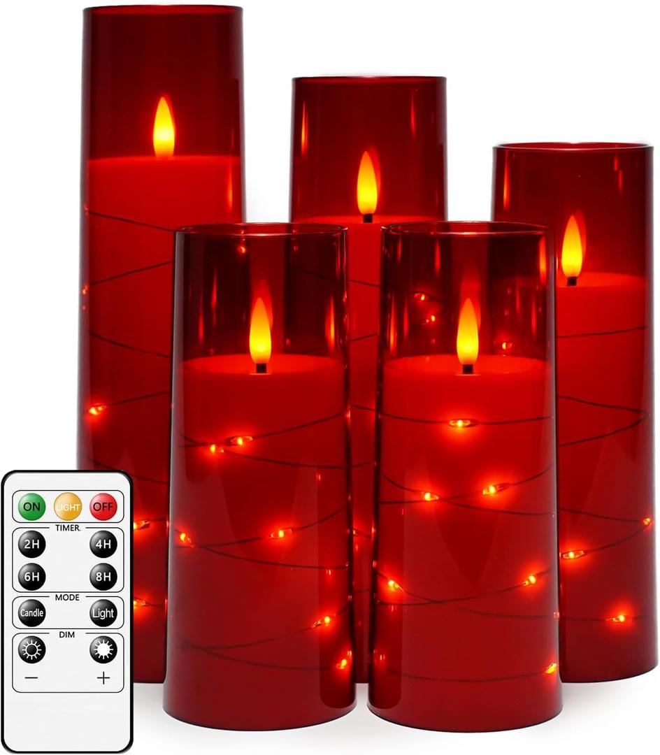 Flameless LED Candles with Timer 5 Pc Flickering Flameless Candles for Romantic Ambiance and Home Decoration Stable Acrylic Shell, with Embedded Star String Battery Operated Candles (Red)