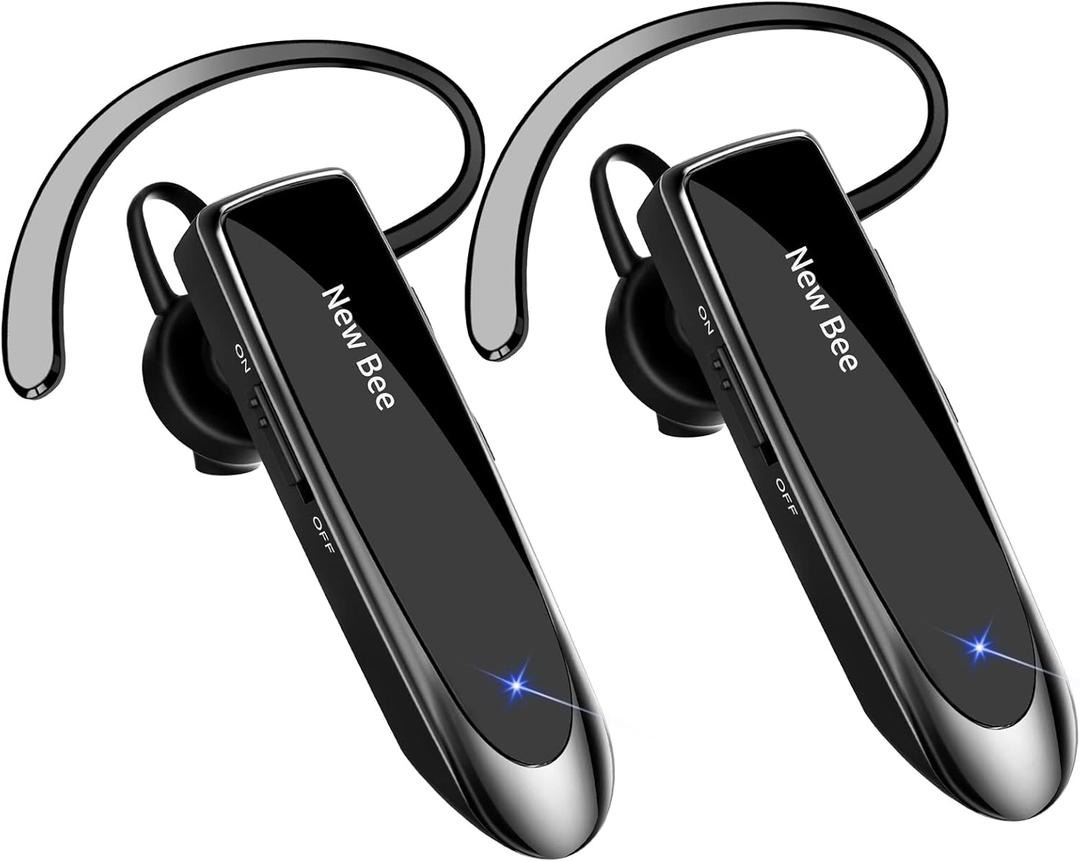 New bee [2 Pack] Bluetooth Earpiece Wireless Handsfree Headset V5.0 24 Hrs Driving Headset with Mic 60 Days Standby Time Bluetooth Headset for iPhone Android Samsung Laptop Truck Driver (Black)