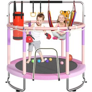 Trampoline for Kids, Upgrade Full Anti-Rust 440lbsToddler Trampoline with Net, Upgraded Ring Legs with Adjustable Gymnastics Bar&Toys, Gifts for Ages 1-8 Boys&Girls (55'', Pink)