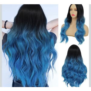 Long Curly Ombre Blue Wavy Wigs for Women Synthetic Hair Wigs Dark Roots Hair Cosplay Halloween Party Daily for Women Full Wig (Blue)