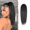 FESHFEN Straight Ponytail Extensions Long Drawstring Natural Synthetic Pony Tail Hair Pieces Clip in Ponytails Hairpieces for Women, Natural Black 12 inch
