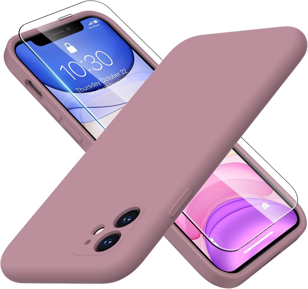 Designed for iPhone 11 Case with Screen Protector - Upgraded Camera Lens Protector - Soft Full Coverage Liquid Silicone Cover - Scratch-Proof Protective Phone Case 6.1 inch - Dull Purple