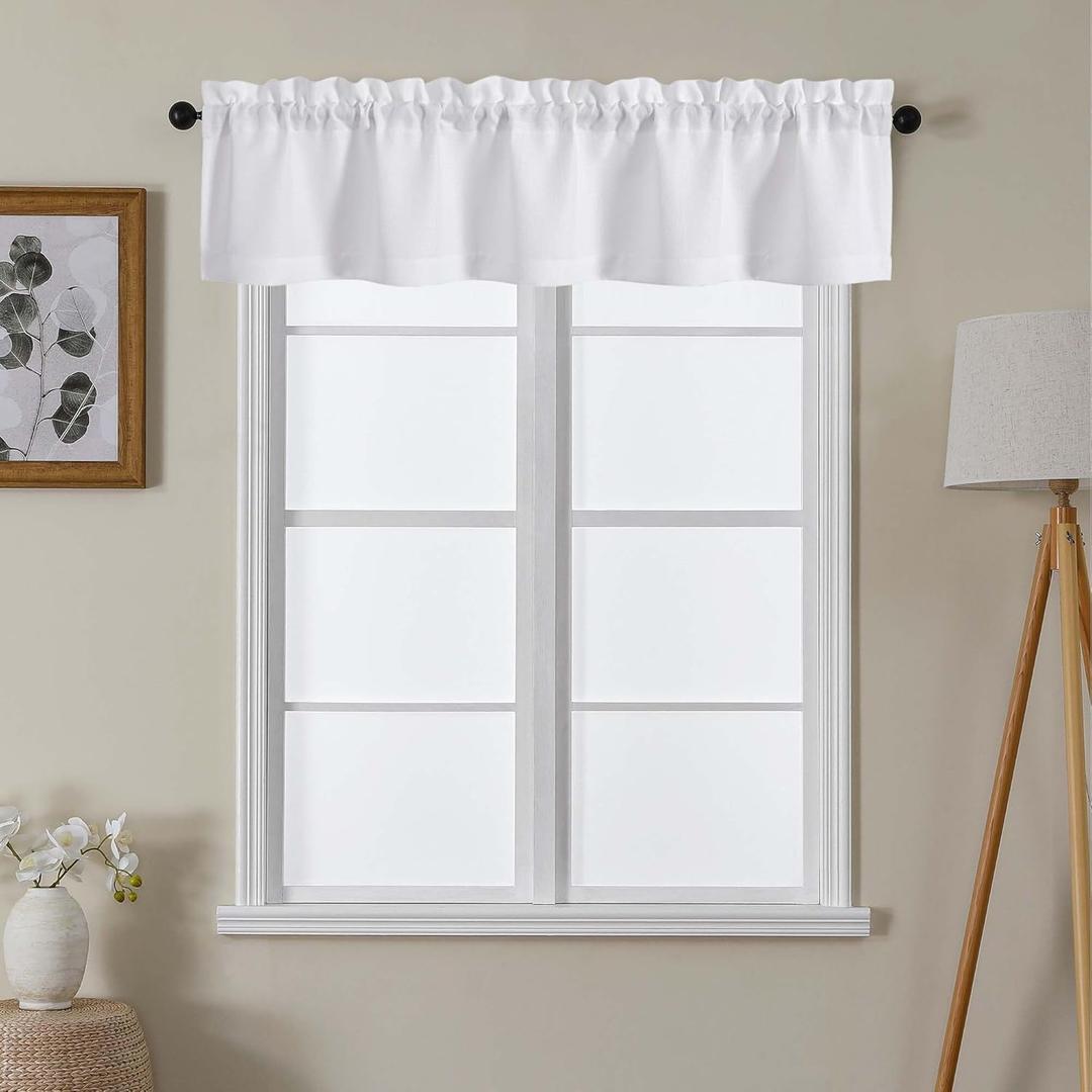 2 x Lecloud White Valance for Window Curtains 12 Inch Length, Light Filtering Modern Small Kitchen Curtain, Short Burlap Farmhouse Drapes with Rods Pocket for Cafe Bedroom Camper Cabinet, 60" W x 12" L