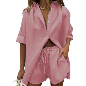 Fixmatti Women 2 Piece Outfits Long Sleeve Button Down Blouse and Shorts Sweatsuit Sets (Pink, M)