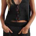 Saodimallsu Womens Crochet Swim Cover Up 2 Piece V Neck Sleeveless Front Tie Crop Tops Beach Mini Skirt Coverup Set (S)