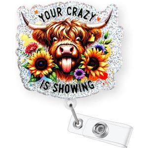 Funny Highland Cow Badge Reel Retractable for Nurse Nursing RN CNA LPN Medical Worker & Office Staff, Your Crazy is Showing Badge Clip, Cow Badge Holder with Alligator Clip & 24 Durable Nylon Cord