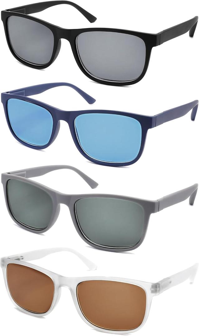 Large Reading Sunglasses Mens Wide Readers Sunglasses +1.25 Lightweight Oversized Sun Readers for Men w/Big Head 4 Pack (Matte-black/Gray/Blue/Frosted Clear Frames With Dark Lens)