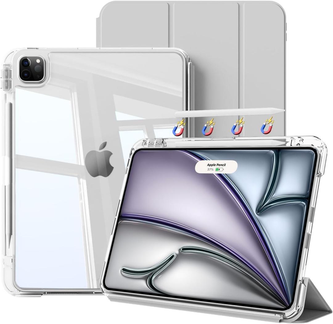 kenke Hybrid Case for iPad Air 13 Inch M3/M2 (2025/2024), Pro 12.9 Inch (6th/5th Generation, 2022/2021) with Pencil Holder, 2 in 1 Detachable Cover with Clear Hard Back, Auto Sleep/Wake, Gray
