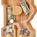 Wooden Letter Piggy Bank, Inter-connectable Piggy Bank for Kids Boys Girls, Alphabet R Money Bank Toy with Wheels, for Kids (Initial-R)