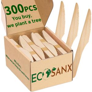 300 PCs Wooden disposable knives for eating, Splinter Free compostable knives - Eco-Friendly - 100% Natural wooden knife for Party & Events - Disposable wooden cutlery for Outdoor, Travelling & More