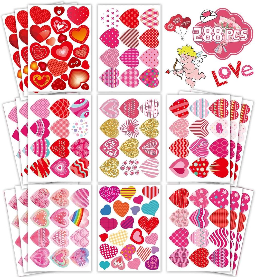 2 x Heart Stickers,Valentines Stickers,Heart Stickers for Kids,Valentines Stickers,Valentine's Day Stickers for Kids,Face,Envelope and Gifts(288pcs)