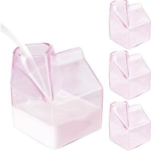 Cute Glass Milk Carton, 4 Pcs, 12oz Pink Kawaii Clear Cup, Milk Creamy Froth Container, Gift Choice for Memorial Day, Girls, Daughter, Carton Cup for Coffee, Juice, Latte, Cappuccino, Matcha