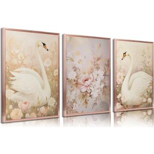 3pcs Nursery Swan Canvas Wall Art Pink Swan Flowers Posters Prints Girl Kid Animal Wall Decor Pictures For Living Room Bedroom Girls Room Decoration Unframed