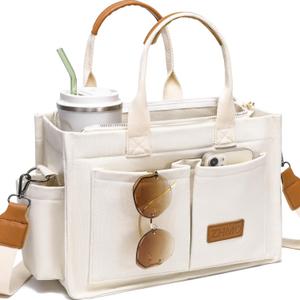 ZHMO Canvas Tote Bag for Women, Women's Bags Crossbody Bags Work Laptop Tote Bag Large Handbags Purse for Travel Nurse Teacher (New Upgrade White With Compartments and Side Cup Holders)