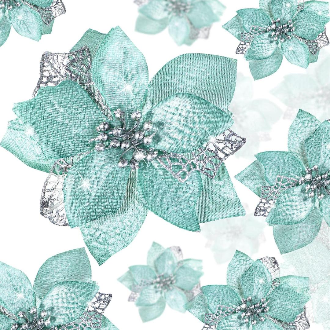 WILLBOND 36 Pieces Christmas Poinsettia Glitter Faux Flowers Christmas Artificial Flowers Tree Ornaments Topper Xmas Decorations(Blue-Green)