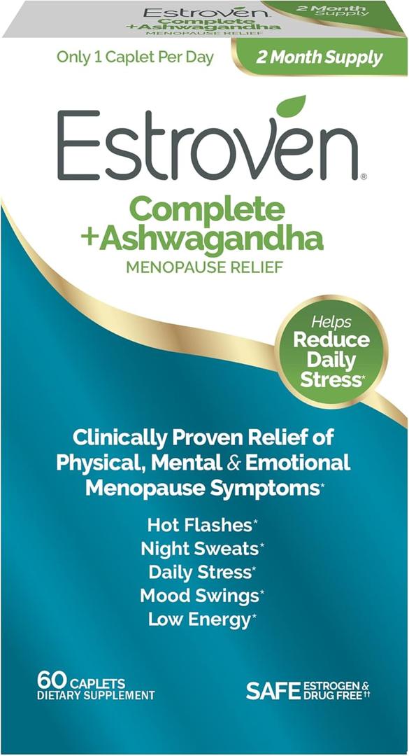 Estroven Complete + Ashwagandha Multi-Symptom Menopause Supplement for Women - 60 Ct. - Clinically Proven Ingredients Provide Menopause Relief & Night Sweats + Hot Flash Relief* - Drug-Free & Non-GMO, Expiration: 7/2026