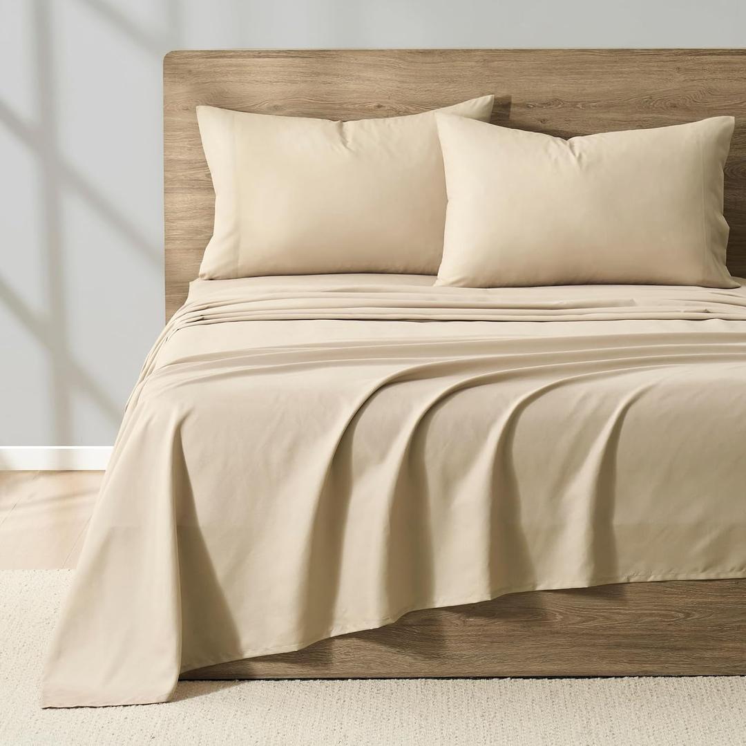 DKNY Cooling Washed Microfiber Sheet Set, King, Warm Beige, 4-Piece