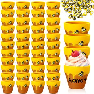 Yungyan 48 Pack Mini Honey Bee Pots with Bee Charms for Cupcake Planter Ceramic Honey Jars for Baby Shower Guests Wedding 1st Birthday Party Favors , Cute Style, Brown