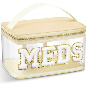 Geetery Chenille Letter Bag Nylon Makeup Portable Cases Preppy Patch Makeup Bag with Zipper Cosmetic Toiletry Storage case for Women, (Beige, Rustic Meds)