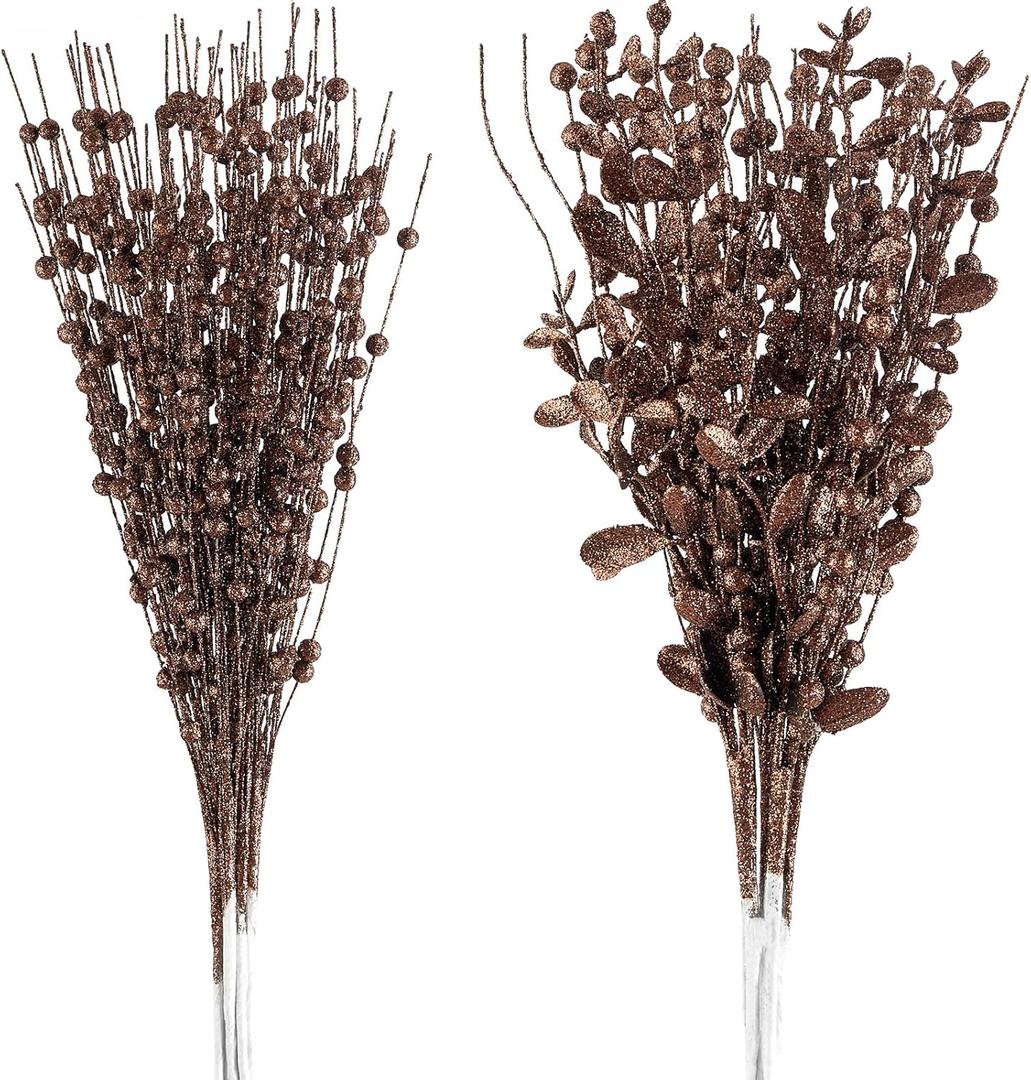 24-Pack Christmas Tree Picks Ornaments, Artificial Glitter Berry Stem Glittery Twigs Ornaments for Christmas Tree Decorations, Small Vase, Holiday, Wedding, Party Decorations (Brown)