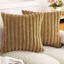 Double-Sided Faux Fur Plush Throw Pillow Covers 18x18 Set of 2 Fuzzy Striped Soft Cozy Pillowcase Luxury Decorative Pillows Square Fluffy Cushion Cover for Couch Bed Living Room,Camel