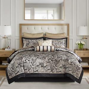 Madison Park Aubrey Cozy Comforter Set, Faux Silk Jacquard Paisley Design - All Season Down Alternative Bedding with Cotton Bed Sheets, Bed Skirt & Toss Pillows, Queen Black 12 Piece