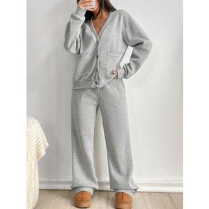 Lounge Sets for Women 2 Piece Outfits V Neck Button Sweatshirt Wide Leg Pants Matching Set Sweatsuits (Small, Grey)