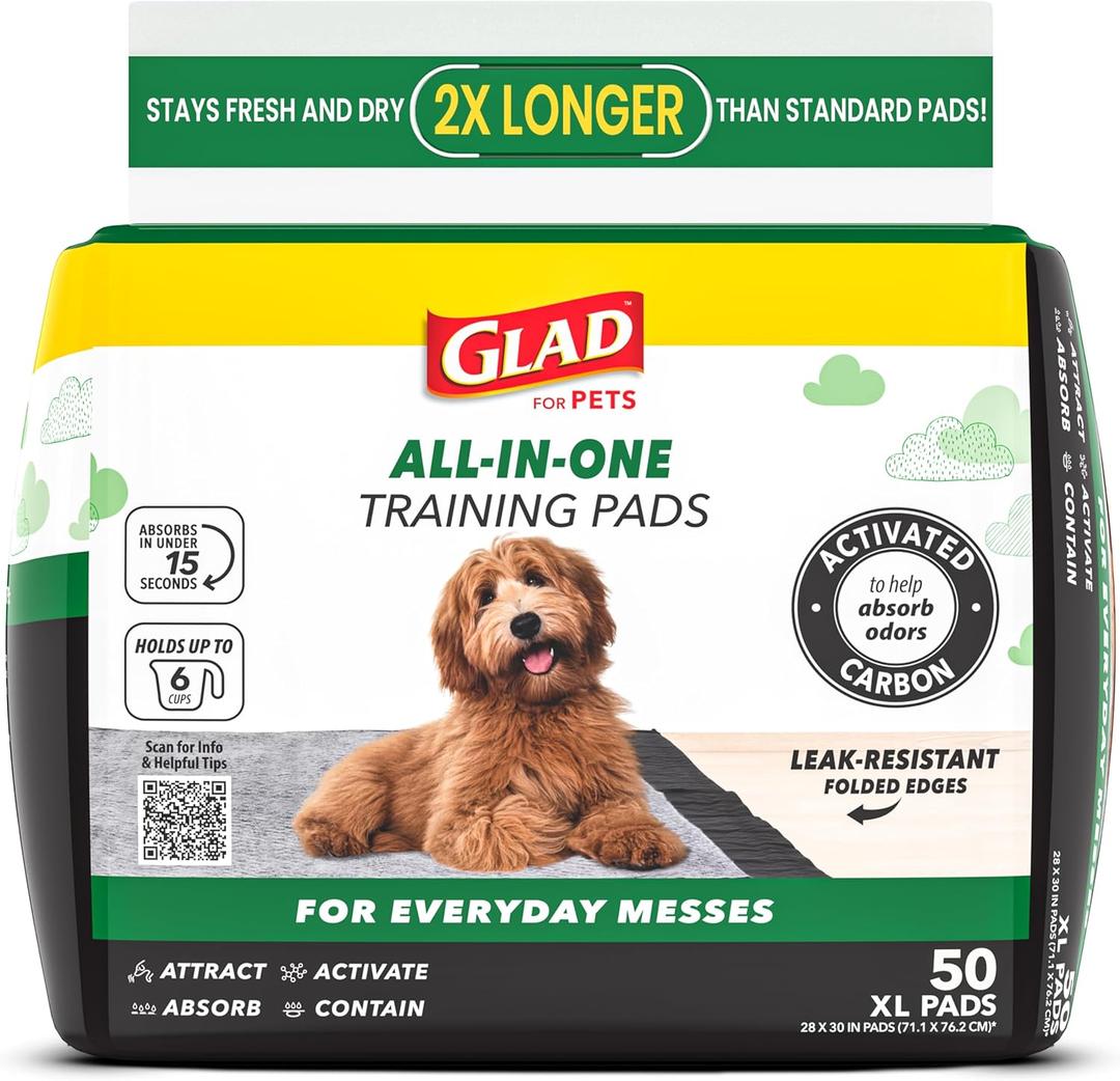 Glad for Pets Activated Carbon Dog Training Pads - Absorbent Large Disposable Dog Pee Pads for Dogs, XL Potty Pads for Dogs, Charcoal Puppy Pads with Adhesive Tabs, Jumbo Dog Pads, 28" x 30", 50 Count