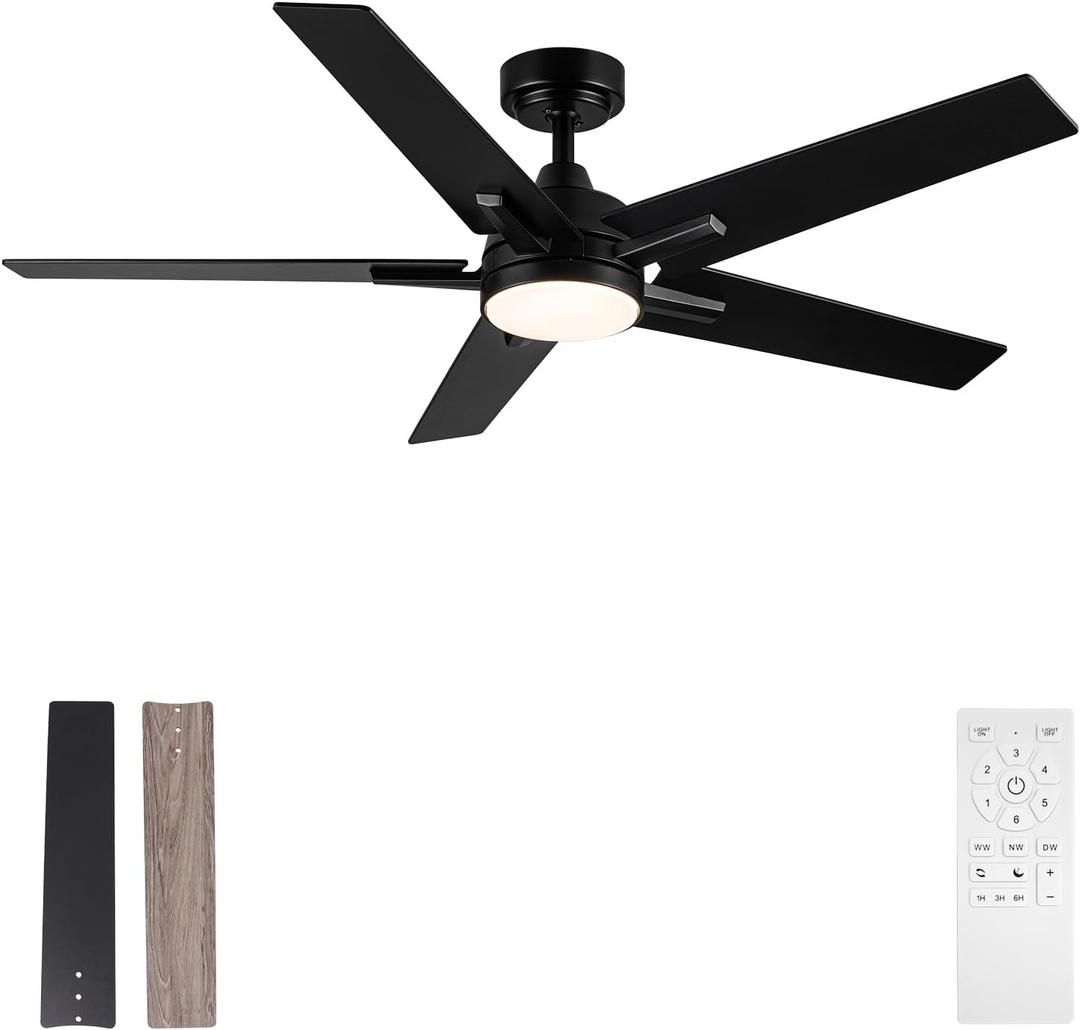 52 Inch Ceiling Fan, Smart Ceiling Fan with Remote/APP, Black Ceiling Fan with 6-Speeds Reversible Motor, Alexa Ceiling Fan with 5 Two-sided Blades Dimmable Noiseless for Indoor Bedroom/Outdoor