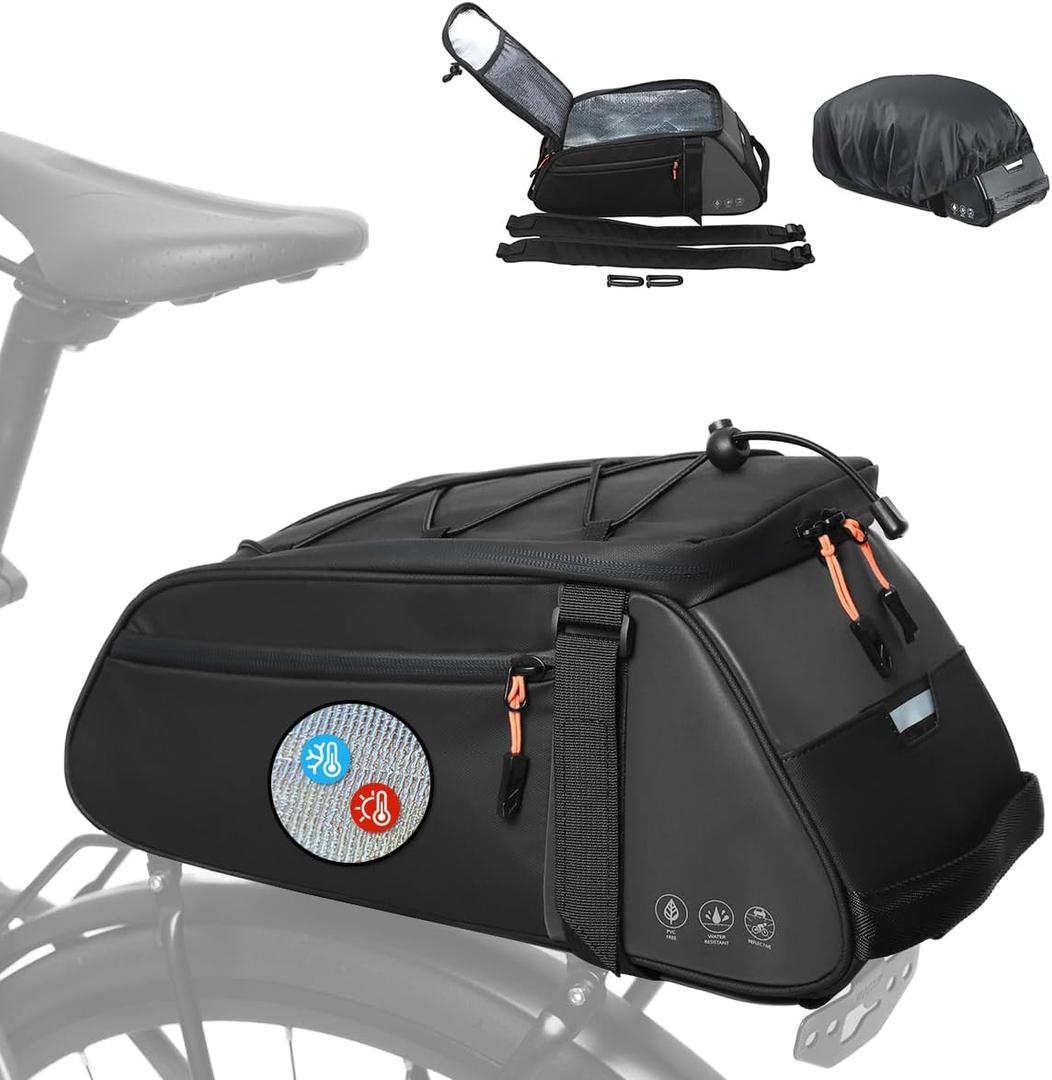 Insulated Rear Bike Rack Bag with Rain Cover, 10L Waterproof Backpack Shoulder Saddle bag for Bicycles, Reflective Cycling Seat Storage Bag for Warm or Cold Items for Camping Travel Outdoor