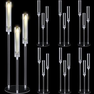 Layhit 6 Set Wedding 3 Arm Acrylic Candelabra Table Centerpiece 38.6" Clear Tall Floor Candle Holder with Shade Pillar Taper Stand for Dining Party Anniversary Birthday Easter Fit 0.87 LED Candle