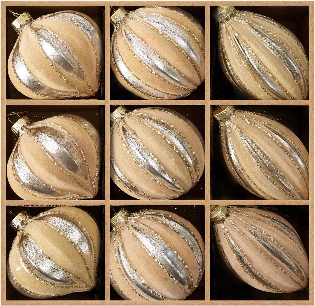 DN DECONATION Christmas Glass Ornaments, Flocked Velvet Hanging Ball Ornament with Assorted Sizes & Designs, Yellow Matte Ornament for Xmas Tree Decor Vintage Home Party (9PCS) (Set of 9, Light Gold)