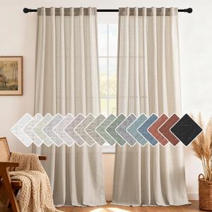 H.VERSAILTEX Natural Linen Curtains 84 inches Long for Living Room 2 Panels Back Tab Loop Pocket Textured Light Filtering Semi Sheer Curtains Rustic Farmhouse Boho Curtain for Bedroom, Angora