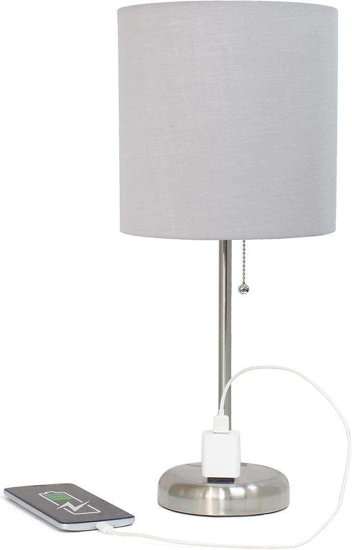 Simple Designs LT1144-GRY Sleek and Slender Brushed Steel Table Lamp with Charging Outlet, for Bedroom, Living Room, Entryway, Office, Dining Room, Study, Gray Shade