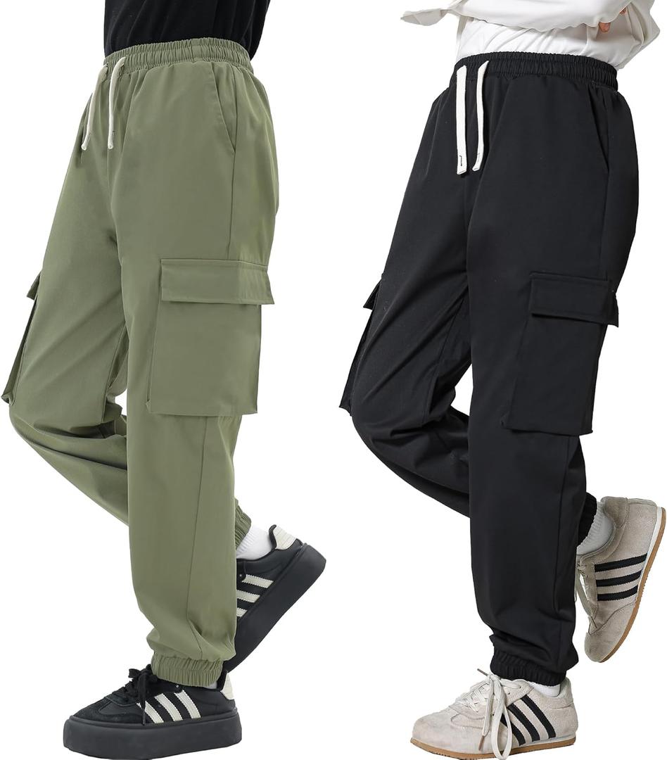 LIUNLU 2 Pack Boys Cargo Joggers Pants Elastic Waist Casual Jogging Trousers Bottom for Kids 7-8 Years Old